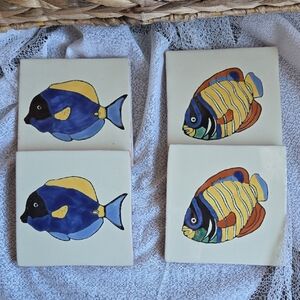 Hand-Painted Fish Ceramic Coasters Set - Blue, Yellow, Orange